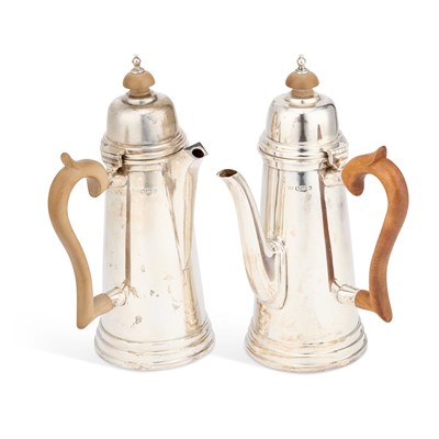 Lot 368 - A PAIR OF GEORGE VI SILVER CAFE AU LAIT POTS