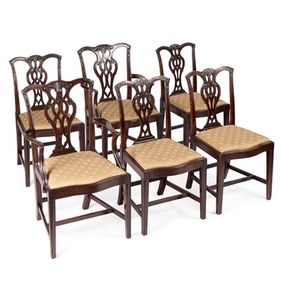Lot 1059 - A SET OF SIX CHIPPENDALE REVIVAL MAHOGANY DINING CHAIRS