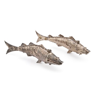 Lot 374 - TWO WHITE METAL ARTICULATED 'FISH' SPICE BOXES