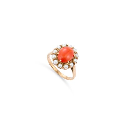 Lot 793 - A CORAL AND SEED PEARL CLUSTER RING