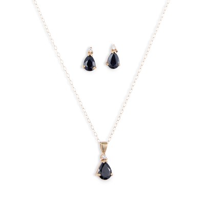 Lot 635 - A SAPPHIRE AND DIAMOND PENDANT ON CHAIN AND EARRINGS SET