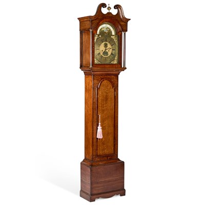 Lot 964 - AN EARLY 19TH CENTURY OAK EIGHT-DAY LONGCASE CLOCK