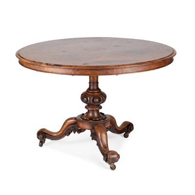 Lot 1028 - A VICTORIAN BURR WALNUT TILT-TOP BREAKFAST TABLE