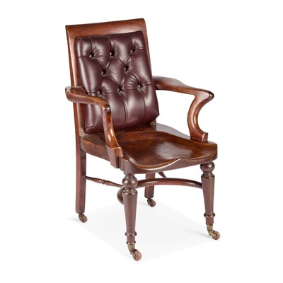 Lot 1051 - A 19TH CENTURY MAHOGANY LIBRARY ARMCHAIR