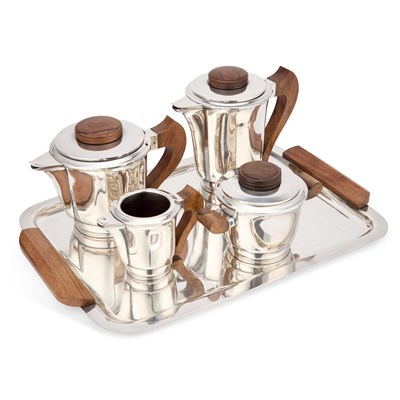 Lot 251 - AN ART DECO SILVER-PLATED AND ROSEWOOD FIVE-PIECE TEA SERVICE