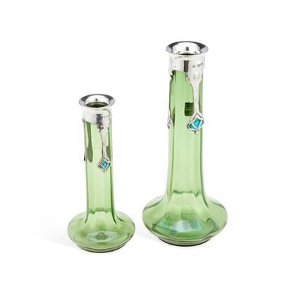 Lot 338 - TWO ART NOUVEAU SILVER AND ENAMEL-MOUNTED GREEN GLASS VASES