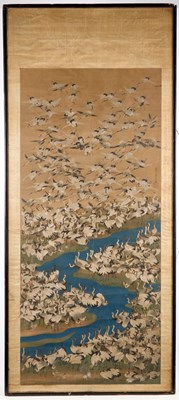 Lot 560 - A JAPANESE PAINTING OF A THOUSAND CRANES