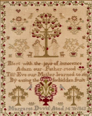 Lot 63 - A LARGE ADAM AND EVE SAMPLER, DATED 1863