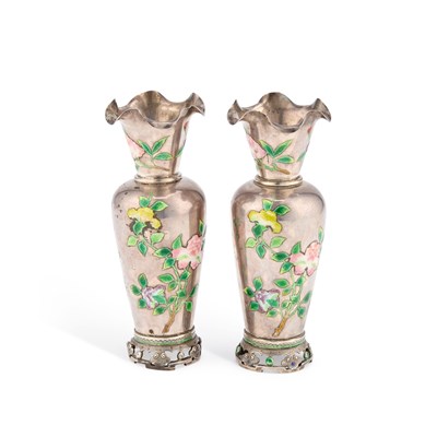 Lot 270 - A PAIR OF CHINESE SILVER AND ENAMEL VASES