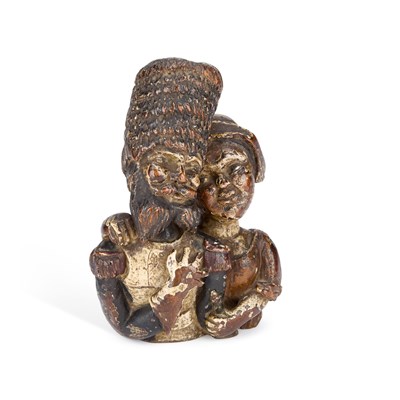 Lot 852 - A POLYCHROME WOOD CARVING OF A COUPLE