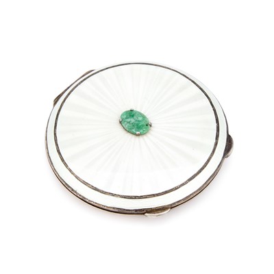 Lot 332 - AN ELIZABETH II SILVER, ENAMEL AND JADE COMPACT