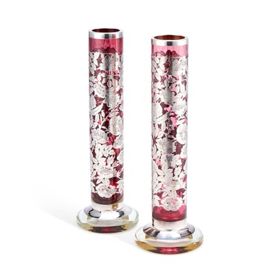 Lot 76 - A PAIR OF BOHEMIAN SILVER OVERLAID RUBY GLASS VASES