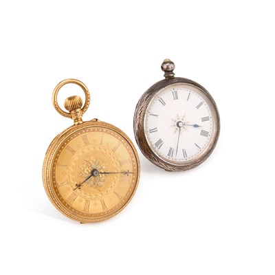 Lot 567 - AN 18CT GOLD FOB WATCH AND A SILVER FOB WATCH