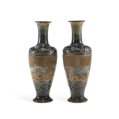 Lot 141 - A PAIR OF DOULTON LAMBETH VASES