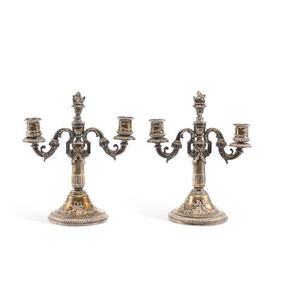Lot 362 - A PAIR OF FRENCH 950 STANDARD SILVER TWO-LIGHT CANDELABRA
