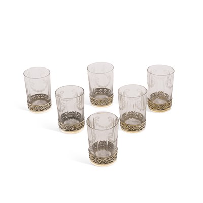 Lot 243 - A SET OF SIX SILVER AND CUT GLASS TODDY CUPS
