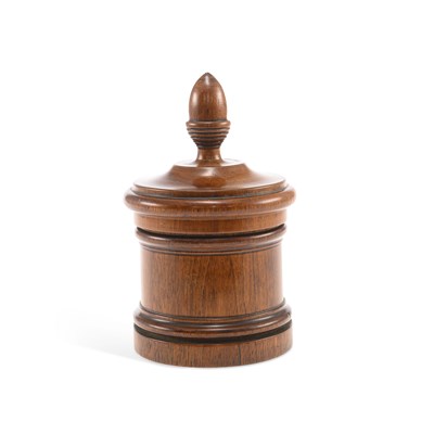 Lot 1145 - A TREEN TOBACCO JAR AND COVER