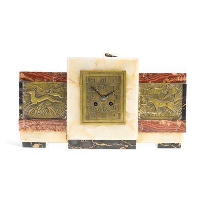 Lot 1042 - A FRENCH ART DECO MARBLE AND BRONZE MANTEL CLOCK