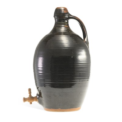 Lot 144 - A BLACK-GLAZED STONEWARE CIDER FLAGON