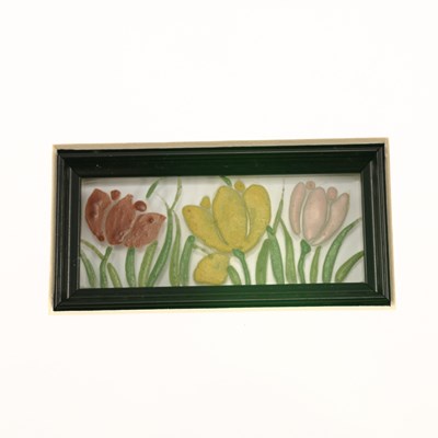 Lot 53 - A SET OF SEVEN FRENCH ENAMELLED ART NOUVEAU GLASS PANELS BY DELVAUX