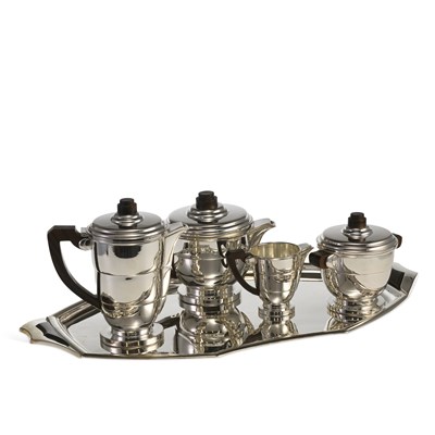 Lot 215 - AN ART DECO FRENCH SILVER-PLATED FIVE-PIECE TEA SERVICE