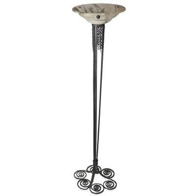 Lot 1009 - AN ART DECO WROUGHT IRON STANDARD LAMP WITH ALABASTER COUPE
