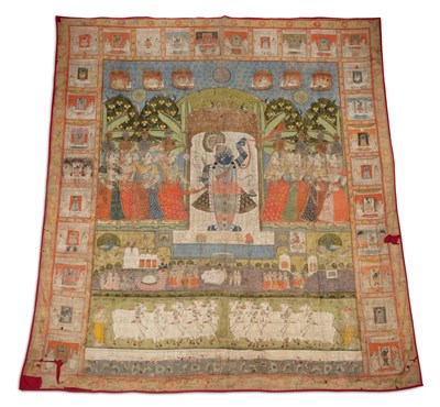 Lot 424 - A LARGE INDIAN PICHHWAI (OR PICHHAVAI) PAINTED TEMPLE HANGING