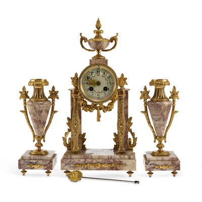 Lot 1046 - A LATE 19TH CENTURY FRENCH GILT-METAL AND MARBLE THREE-PIECE CLOCK GARNITURE