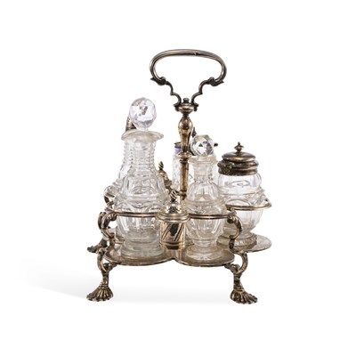 Lot 437 - A GEORGE II SILVER FIVE-BOTTLE CRUET STAND