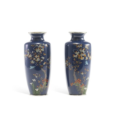 Lot 540 - A PAIR OF JAPANESE BLUE GROUND CLOISONNÉ VASES