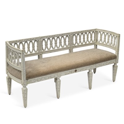 Lot 1122 - A 19TH CENTURY PAINTED BENCH OR HALL SEAT