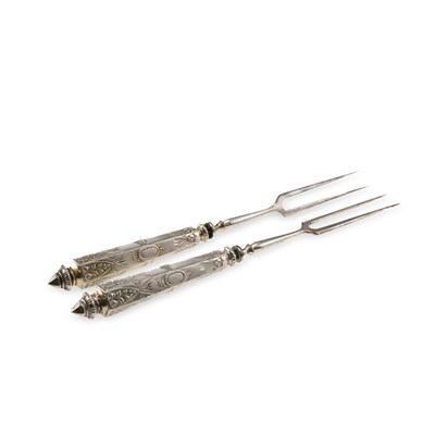 Lot 255 - A PAIR OF CONTINENTAL SILVER HANDLED TWO-PRONGED SERVING FORKS