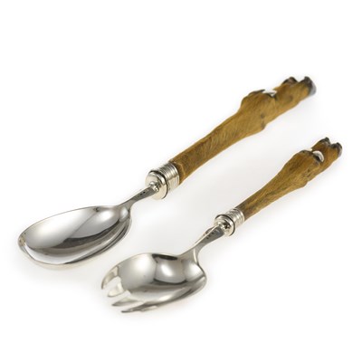 Lot 380 - A PAIR OF VICTORIAN SILVER-MOUNTED SALAD SERVERS WITH DEER HOOF HANDLES