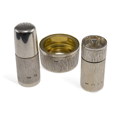 Lot 271 - GERALD BENNEY: AN ELIZABETH II THREE-PIECE SILVER CONDIMENT SET