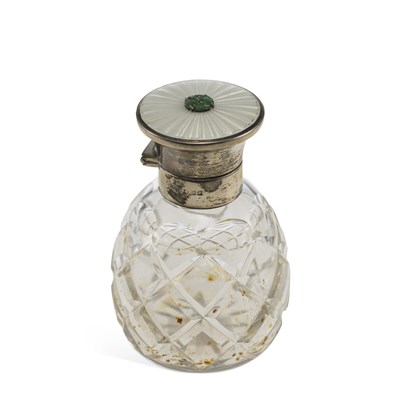Lot 270 - AN ELIZABETH II SILVER AND ENAMEL-MOUNTED CUT-GLASS SCENT BOTTLE