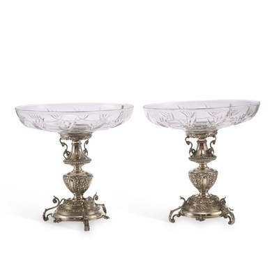 Lot 370 - A PAIR OF VICTORIAN SILVER AND CUT-GLASS TAZZAS