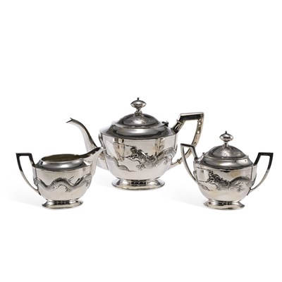 Lot 225 - A CHINESE EXPORT STERLING SILVER THREE-PIECE TEA SERVICE