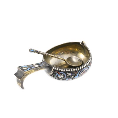 Lot 236 - A RUSSIAN SILVER-GILT AND ENAMEL KOVSH AND SPOON