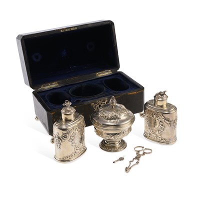 Lot 441 - A GEORGE II CASED PAIR OF SILVER TEA CADDIES, COVERED SUGAR BOWL AND SUGAR NIPS