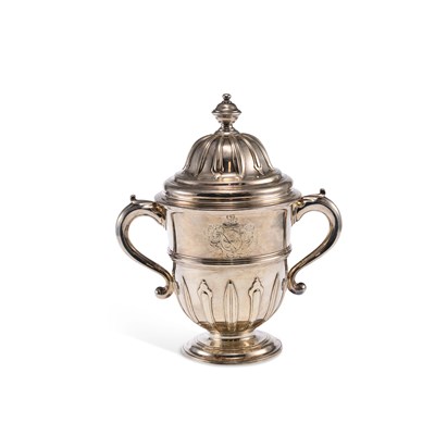 Lot 443 - A GEORGE II LARGE SILVER TWO-HANDLED CUP AND COVER