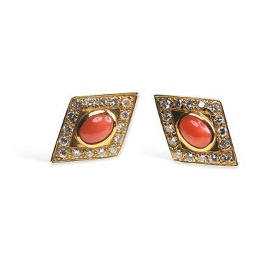 Lot 694 - A PAIR OF CORAL AND DIAMOND STUD EARRINGS