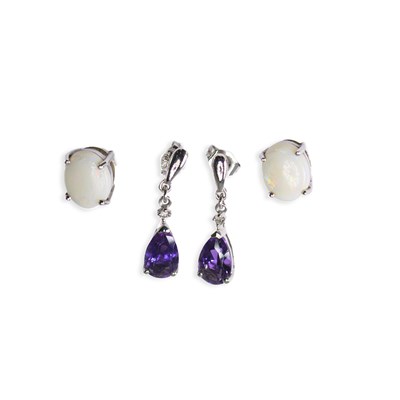 Lot 653 - TWO PAIRS OF 9 CARAT WHITE GOLD GEM-SET EARRINGS