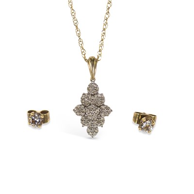 Lot 598 - A PAIR OF SOLITAIRE DIAMOND STUD EARRINGS AND A 9 CARAT GOLD DIAMOND CLUSTER PENDANT ON CHAIN