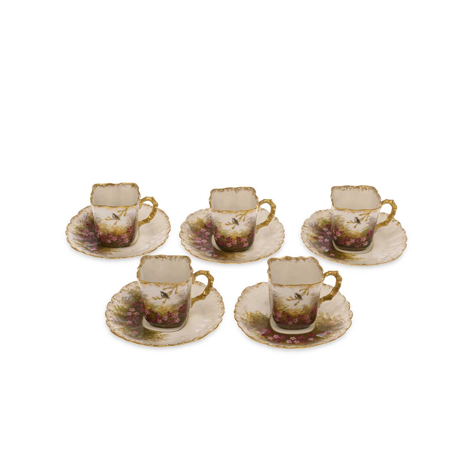 Lot 130 - A SET OF FIVE LIMOGES PORCELAIN CUPS AND SAUCERS