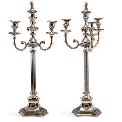 Lot 211 - A PAIR OF SILVER-PLATED THREE-BRANCH CANDELABRA