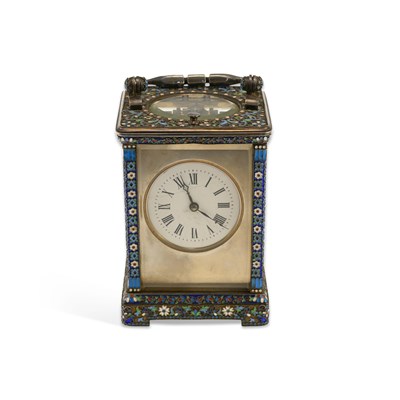 Lot 234 - AN UNUSUAL RUSSIAN SILVER AND CHAMPLEVÉ ENAMEL REPEATER CARRIAGE CLOCK