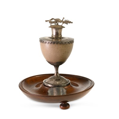 Lot 262 - A 19TH CENTURY AUSTRALIAN SILVER-MOUNTED EMU EGG PRESENTATION CUP