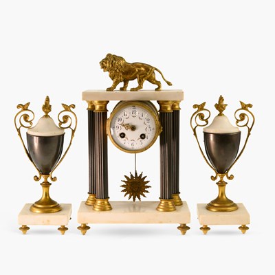 Lot 1047 - A LATE 19TH CENTURY FRENCH GILT-METAL, PATINATED METAL AND MARBLE PORTICO CLOCK GARNITURE