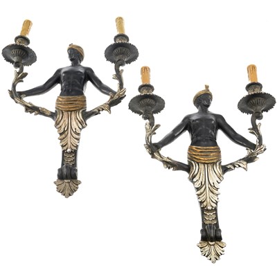 Lot 1008 - A PAIR OF 20TH CENTURY PAINTED AND PARCEL-GILT FIGURAL TWO-LIGHT WALL APPLIQUES