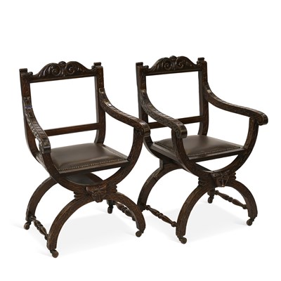 Lot 1117 - A PAIR OF 19TH CENTURY CARVED WALNUT SAVONAROLA CHAIRS